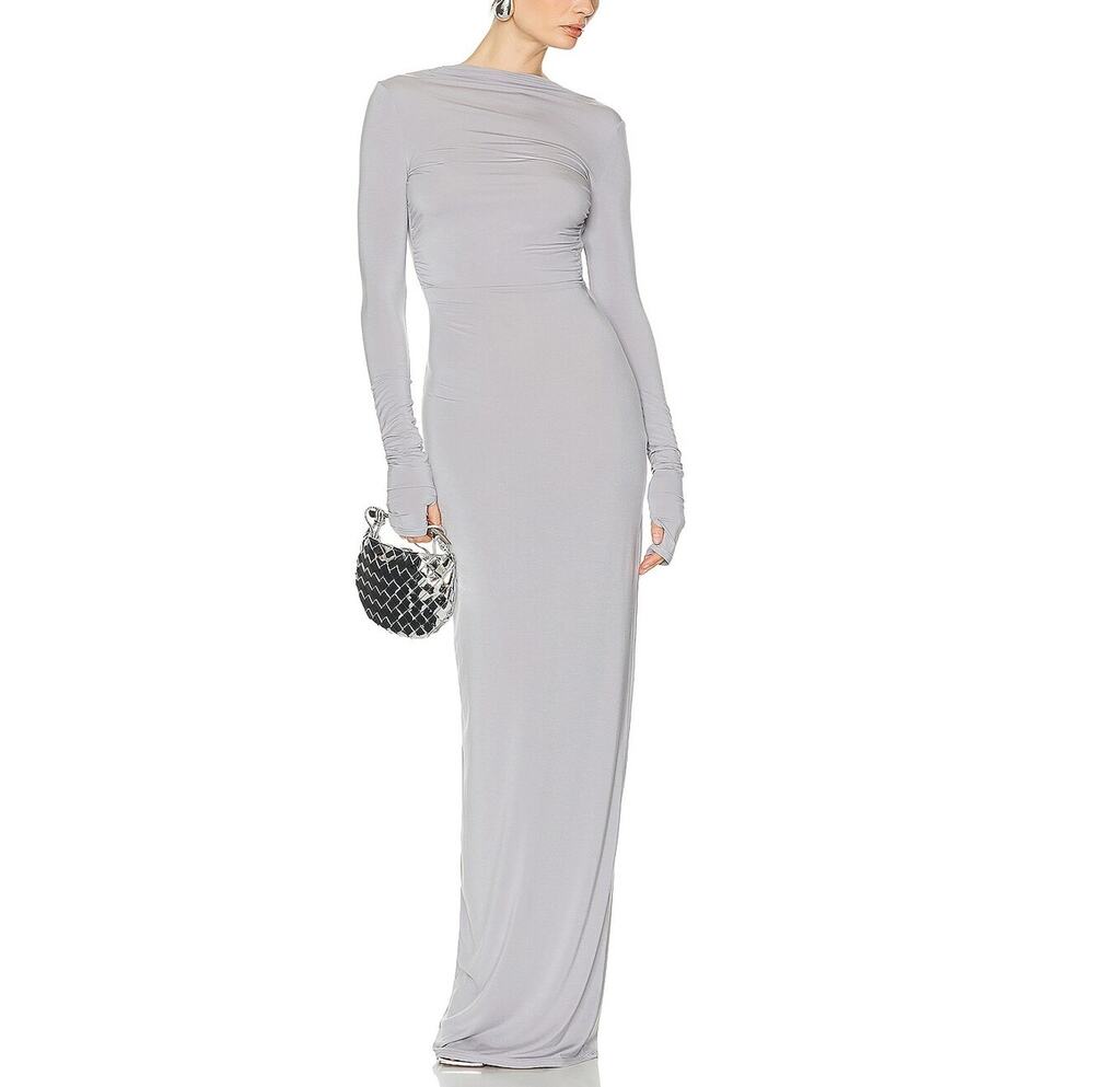Helsa Sleek Silver Jersey Backless Maxi Dress Size S